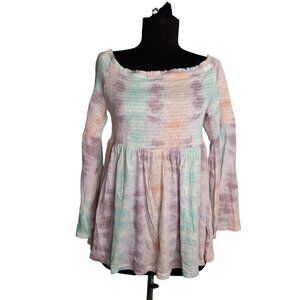 Torrid Size 0 L 12 Top Baby Doll Off Shoulder Tie Dye Smocked Bell Sleeves Knit